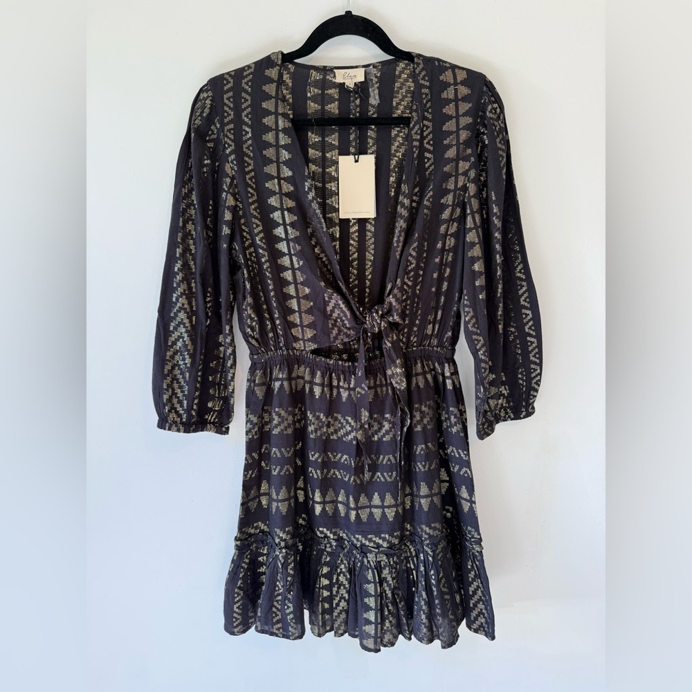 Elan Metallic Black Boho Tie-Front Mini Dress with Ruffle Hem – Size L NWT